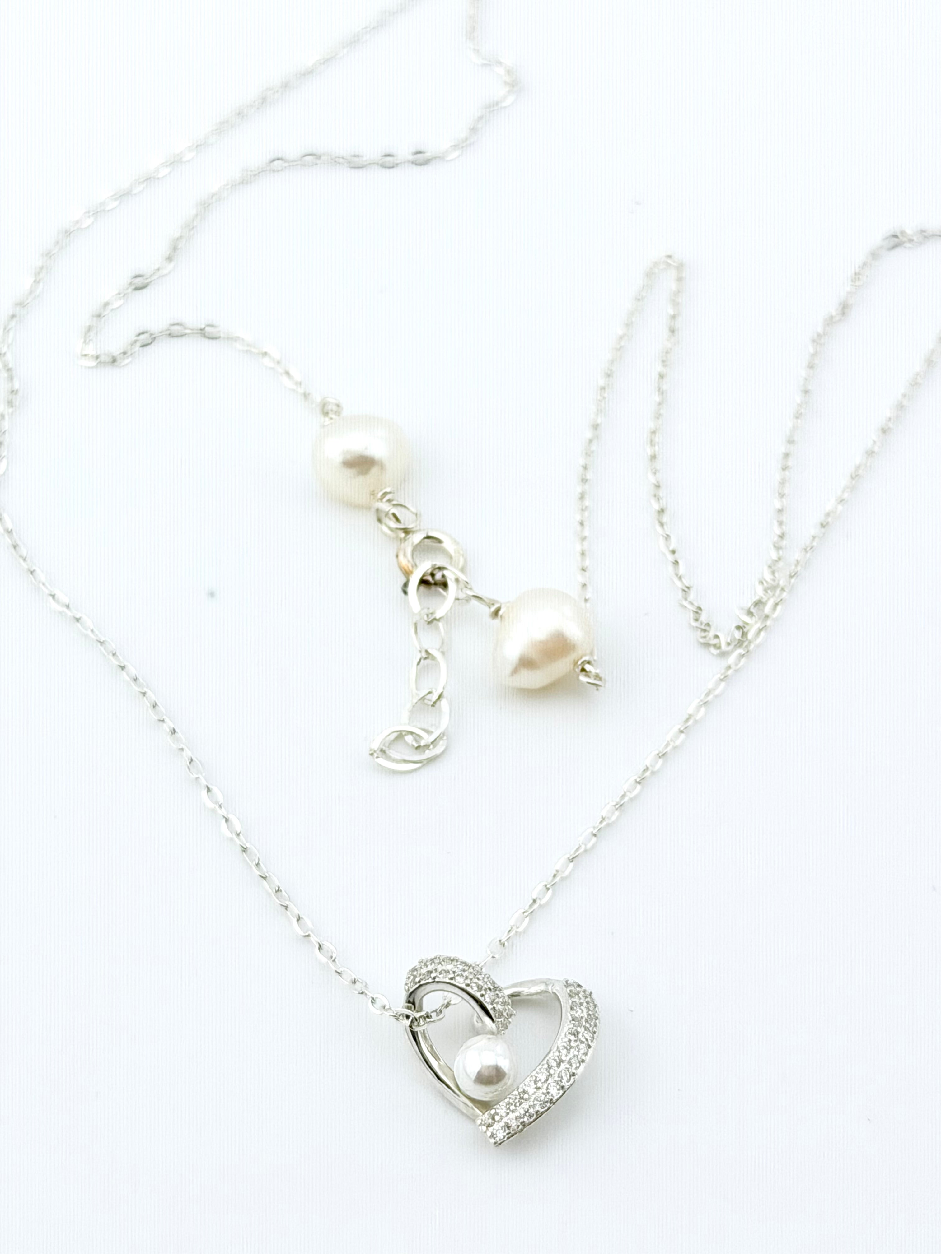 Heart  with Micro-Zirconia & Natural Pearls Sterling Silver Necklace