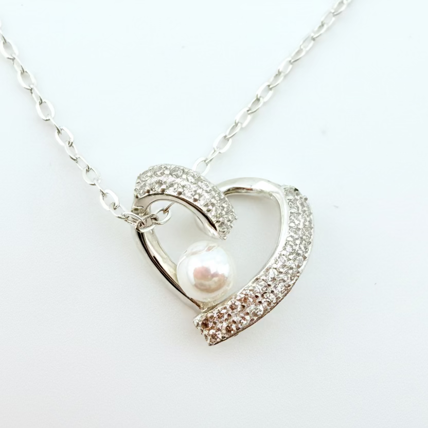 Heart  with Micro-Zirconia & Natural Pearls Sterling Silver Necklace