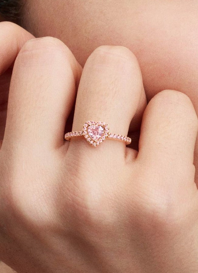 Sparkling Elevated Pink Heart Ring – Rose Gold Finish