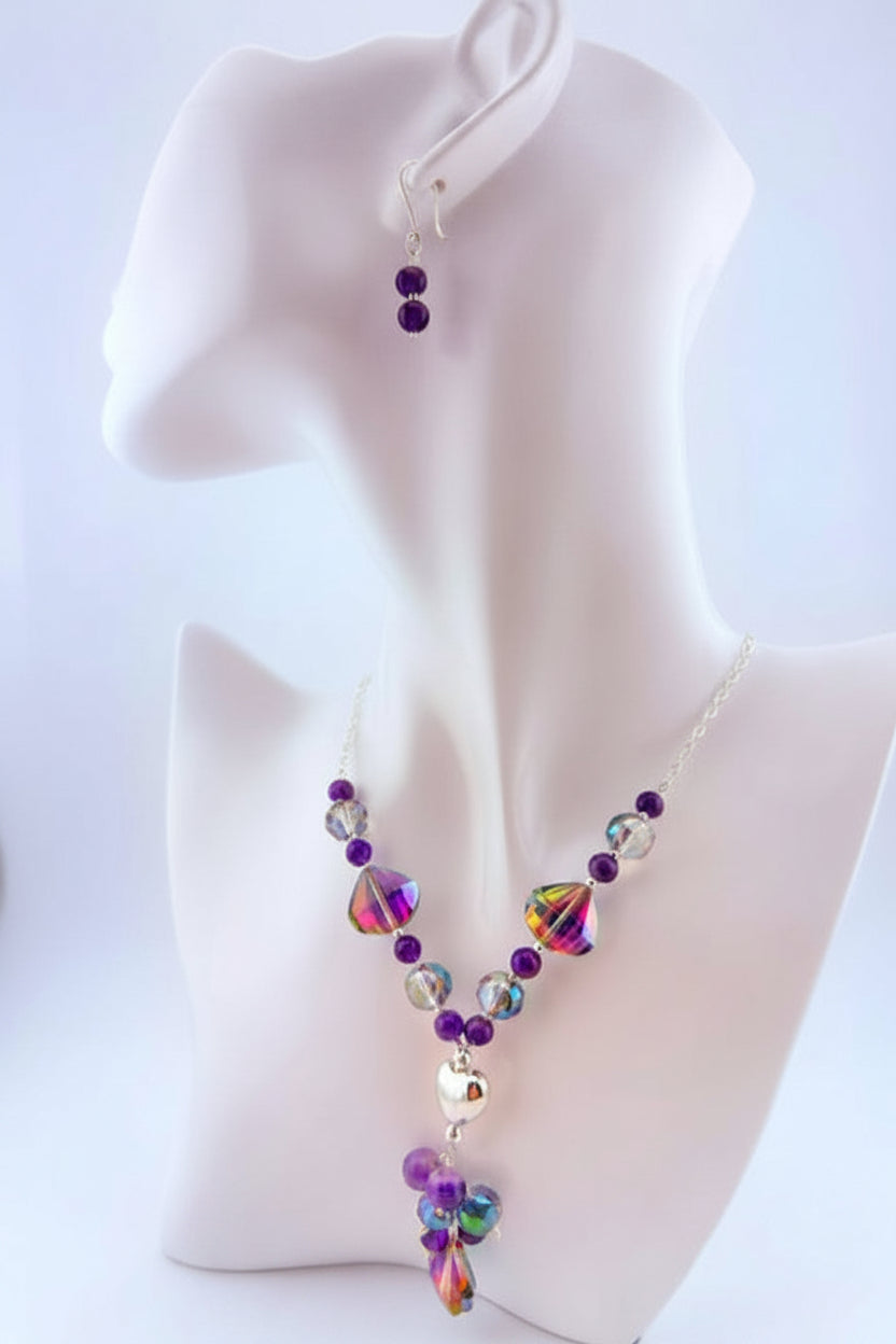 Juego de Collar de Corazón de Amatista y Aretes de Cristal Místico de Swarovski
