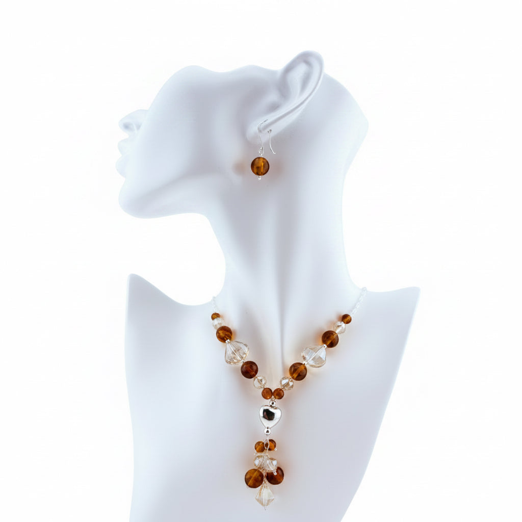 Puffed Heart Sterling Silver Necklace & Earrings Set with Orange Crystals